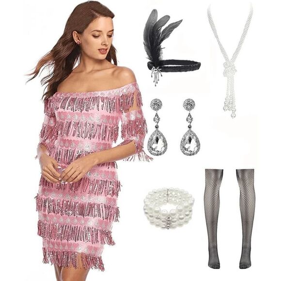 💗✨ 6PCS 1920s Great Gatsby Flapper Pink Sequin Dress & Accessories Set XL NEW - Picture 1 of 16